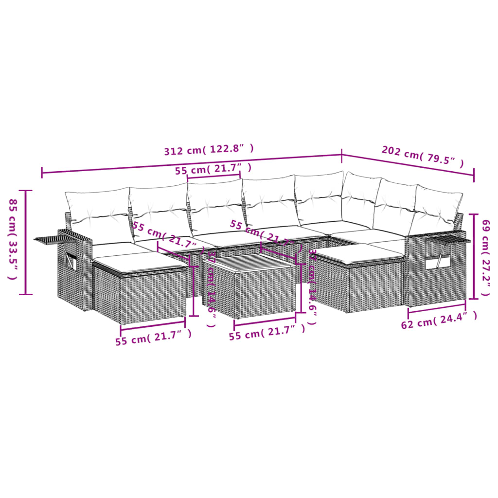 Set Divano da Giardino 10 pz con Cuscini Grigio in Polyrattan - homemem39