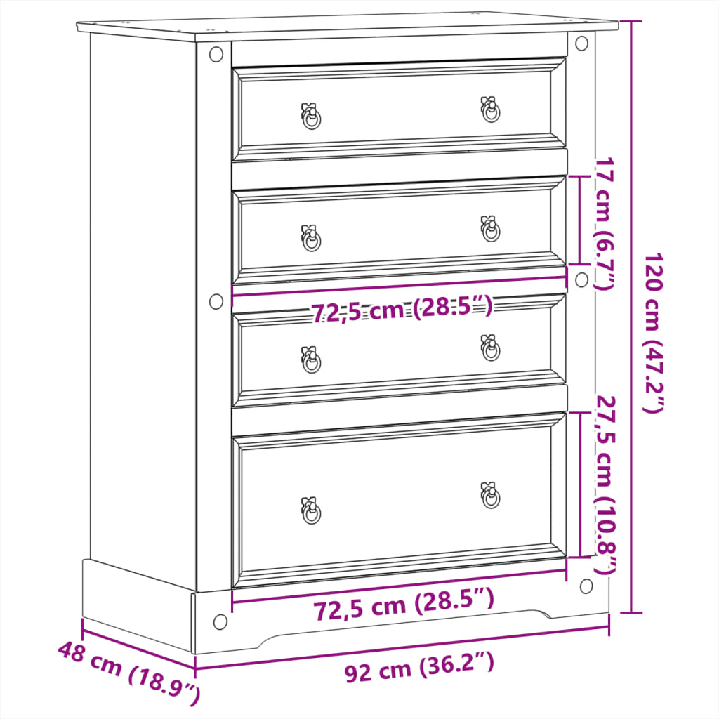 Cassettiera Corona 92x48x120 cm in Legno Massello di Pino - homemem39