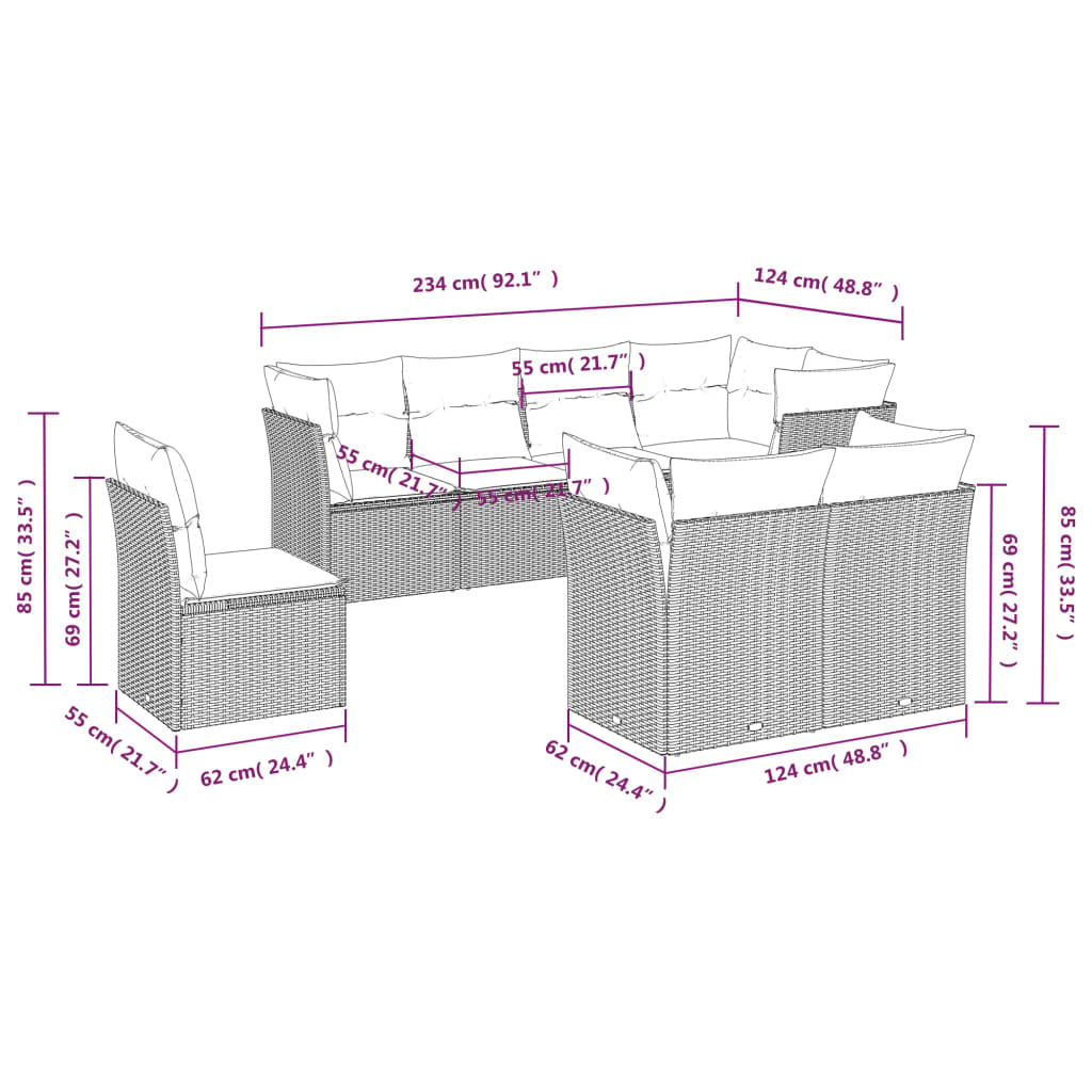 Set Divani da Giardino con Cuscini 8 pz Nero in Polyrattan - homemem39