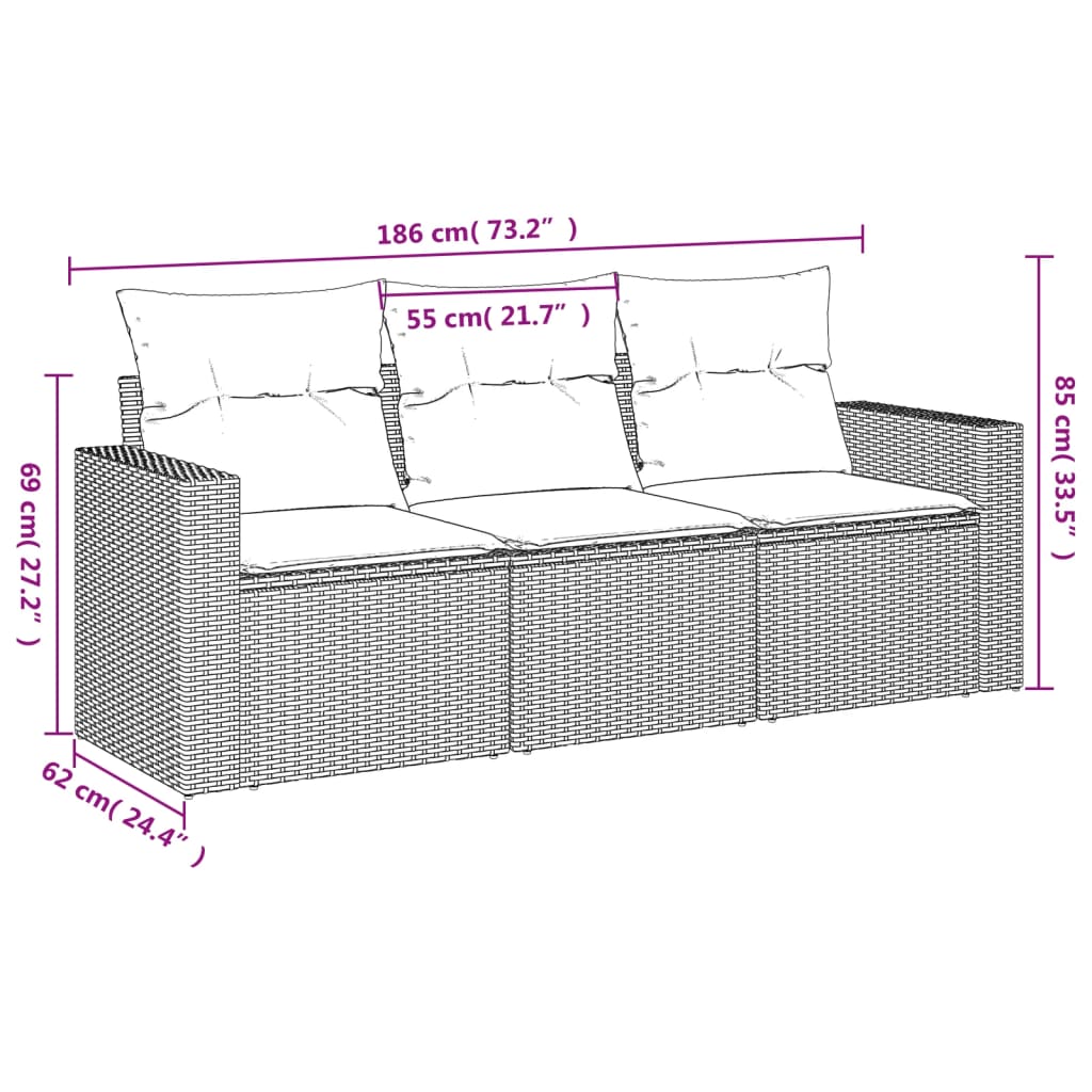 Set Divani da Giardino 3 pz con Cuscini in Polyrattan Nero - homemem39