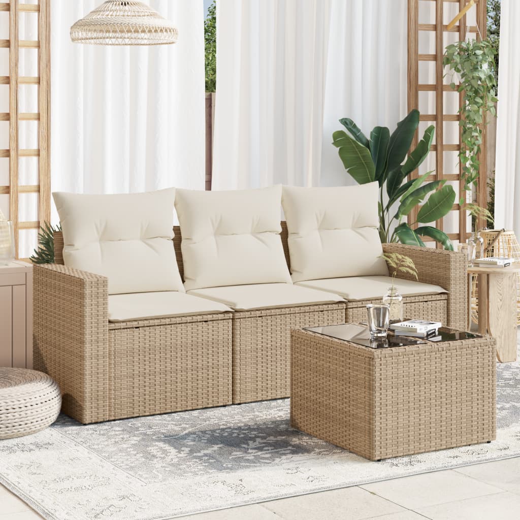 Set Divano da Giardino 4 pz con Cuscini Beige in Polyrattan - homemem39