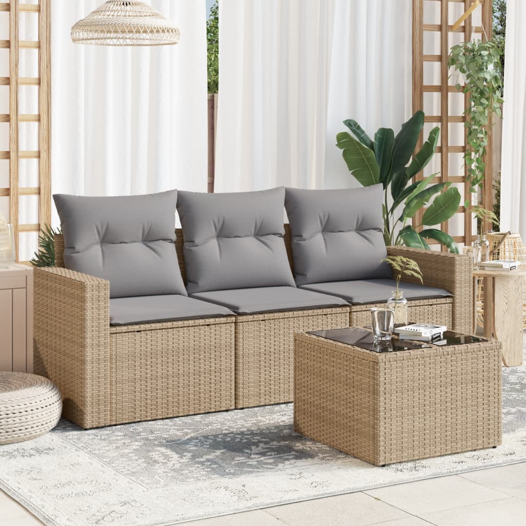 Set Divano da Giardino 4 pz con Cuscini Beige in Polyrattan - homemem39