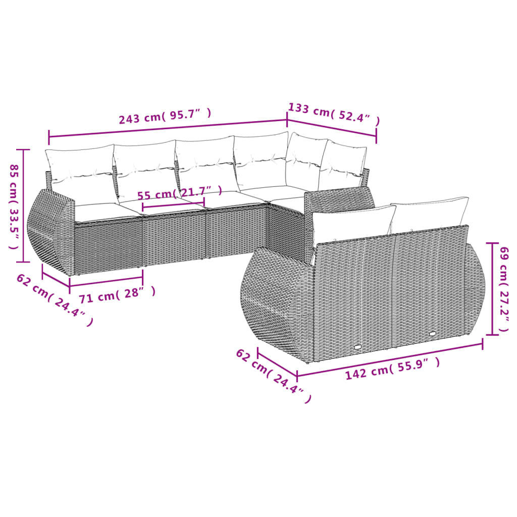 Set Divani da Giardino 7 pz con Cuscini Marrone in Polyrattan - homemem39