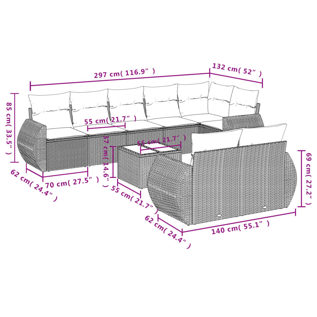 Set Divano da Giardino 9 pz con Cuscini Grigio in Polyrattan - homemem39