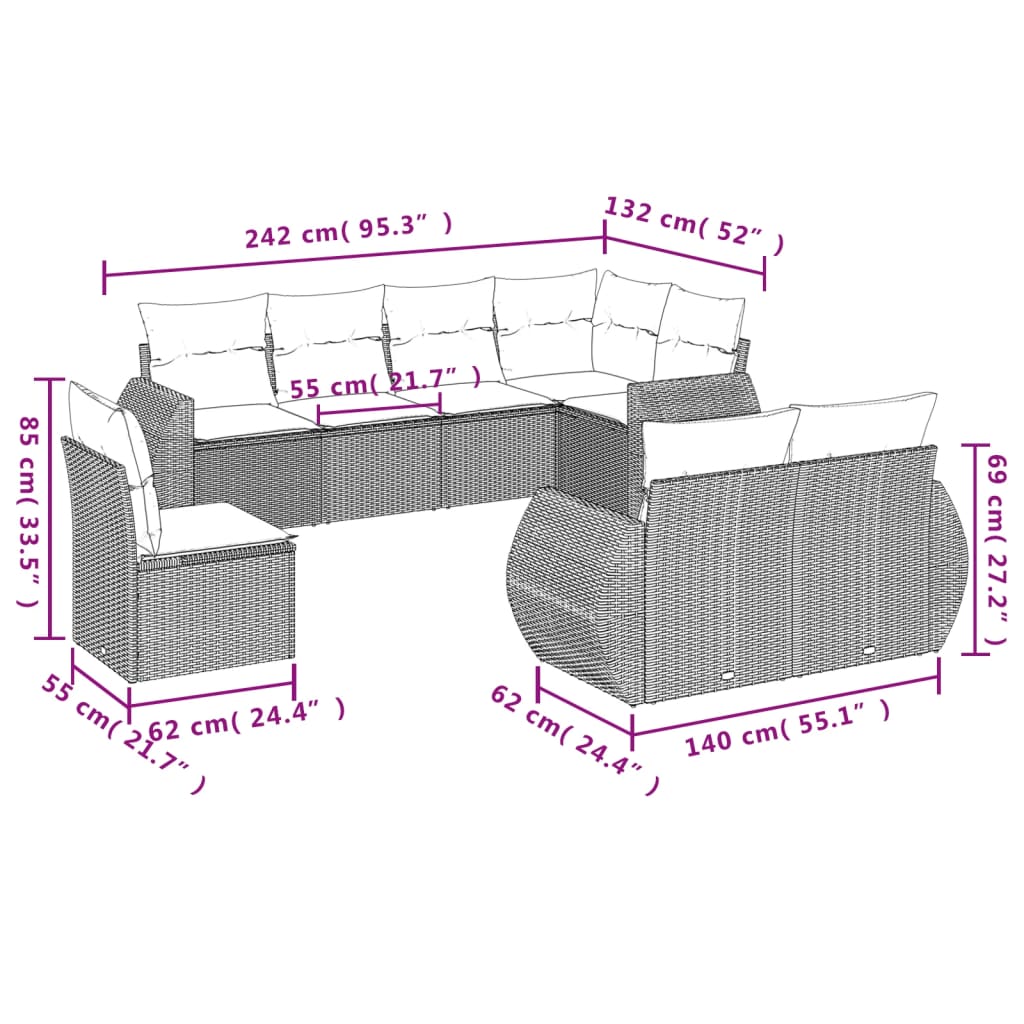 Set Divano da Giardino 8 pz con Cuscini Beige in Polyrattan - homemem39