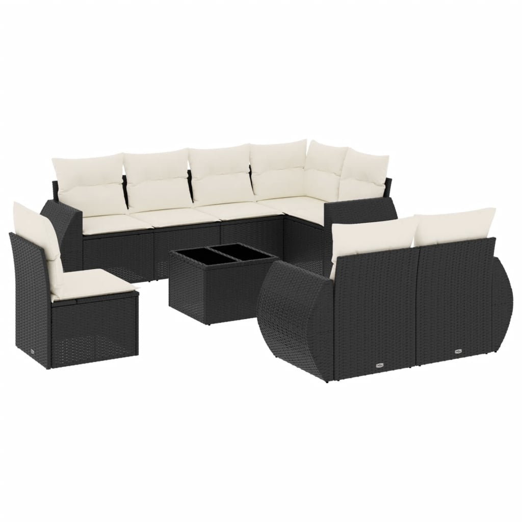 Set Divani da Giardino 9 pz con Cuscini Nero in Polyrattan - homemem39