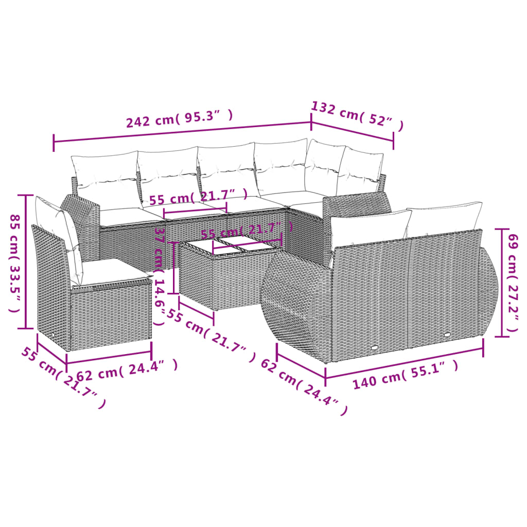 Set Divani da Giardino 9 pz con Cuscini Nero in Polyrattan - homemem39