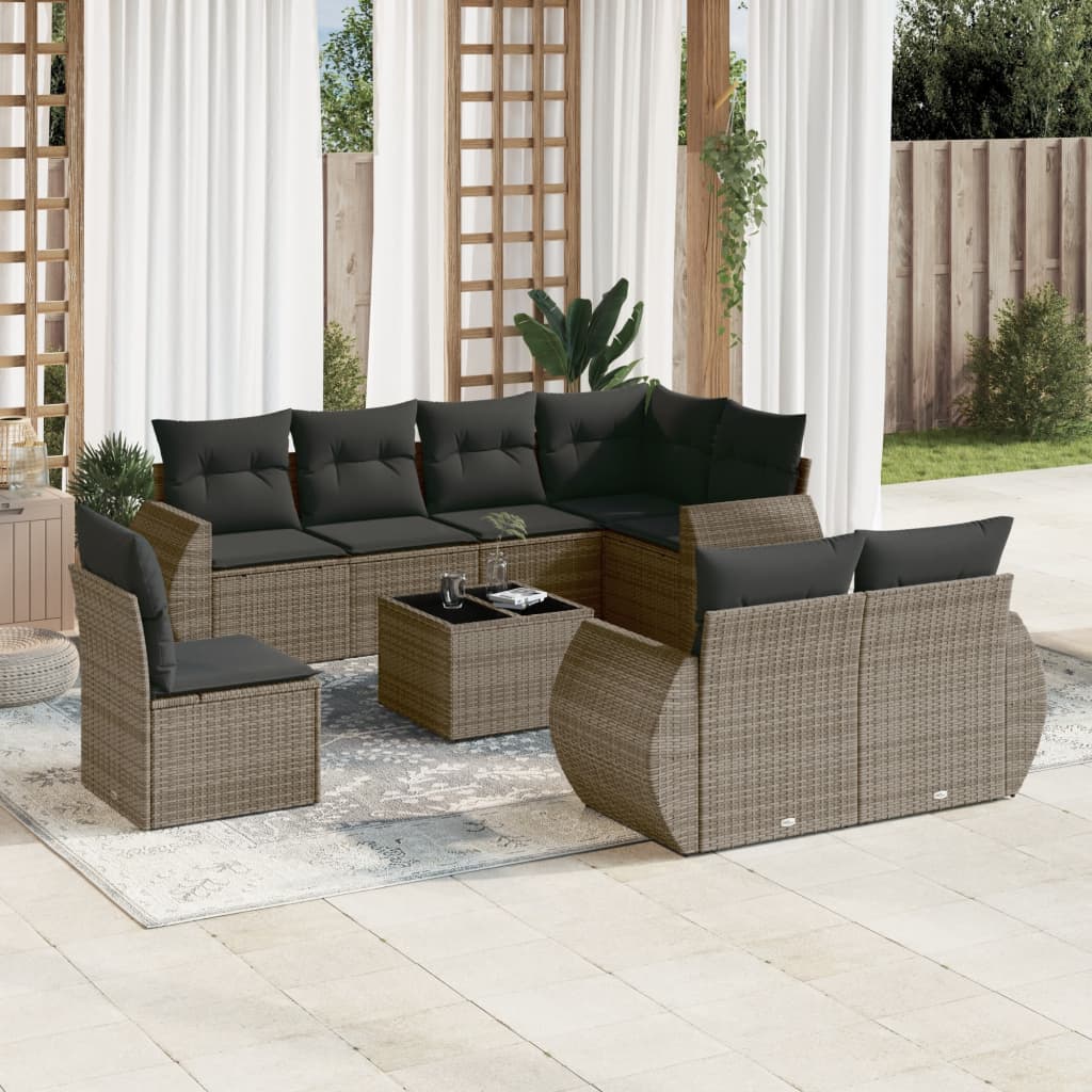 Set Divano da Giardino 9 pz con Cuscini Grigio in Polyrattan - homemem39