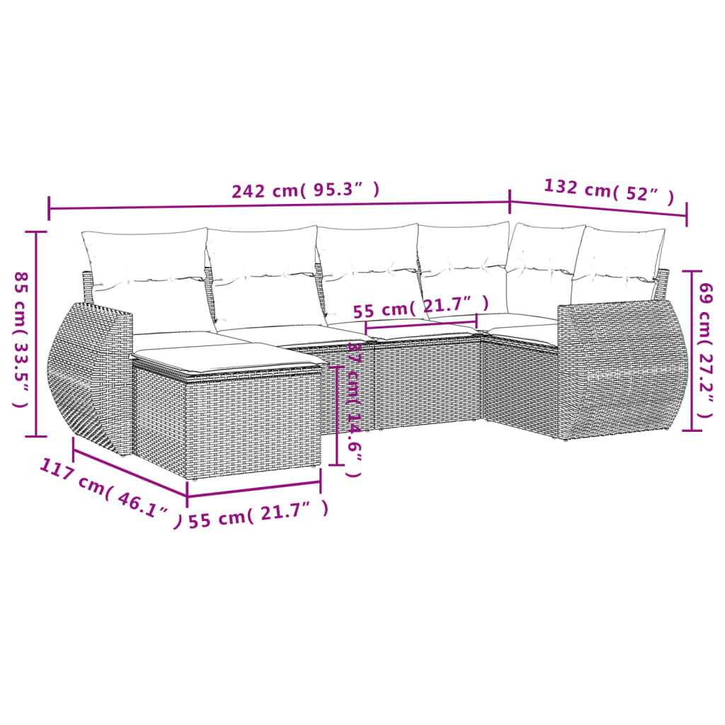 Set Divano da Giardino 6 pz con Cuscini Nero in Polyrattan - homemem39