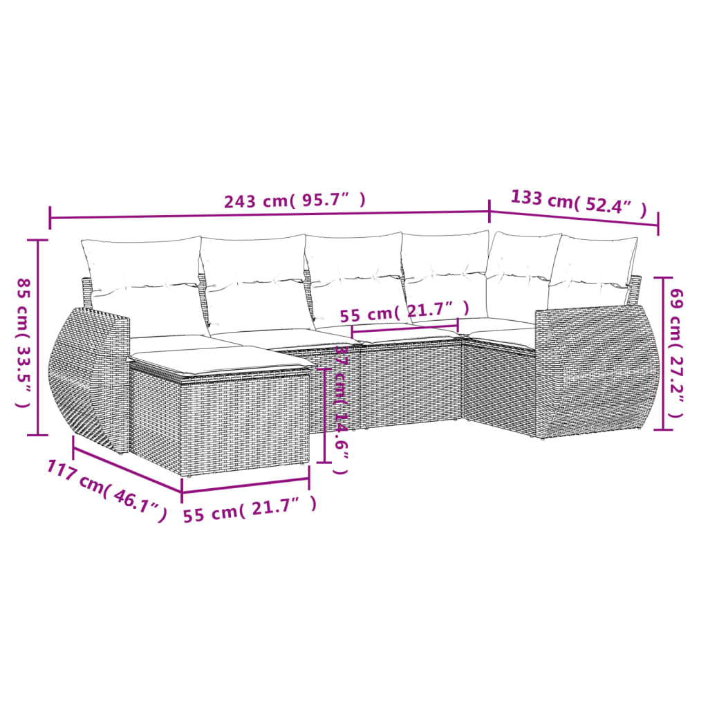 Set Divano da Giardino 6 pz con Cuscini Marrone in Polyrattan - homemem39