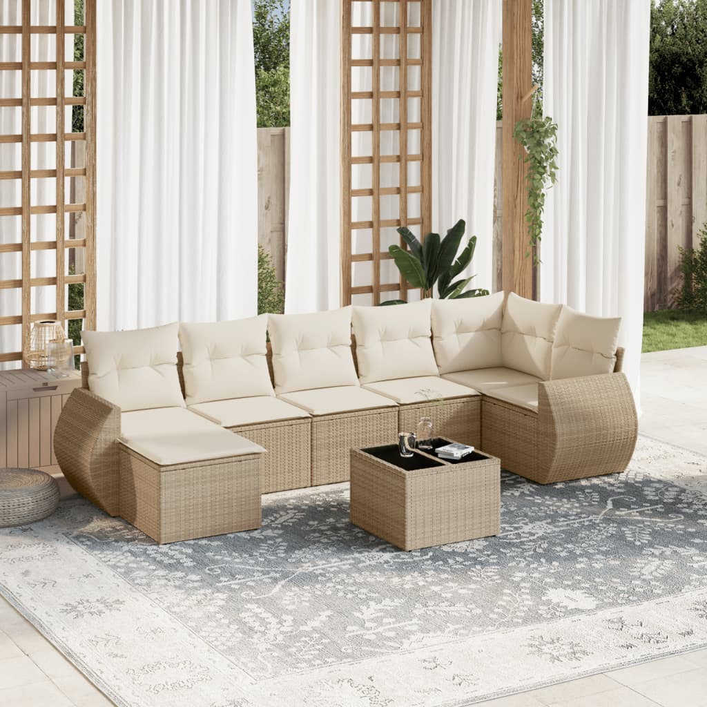 Set Divano da Giardino 8 pz con Cuscini Beige in Polyrattan