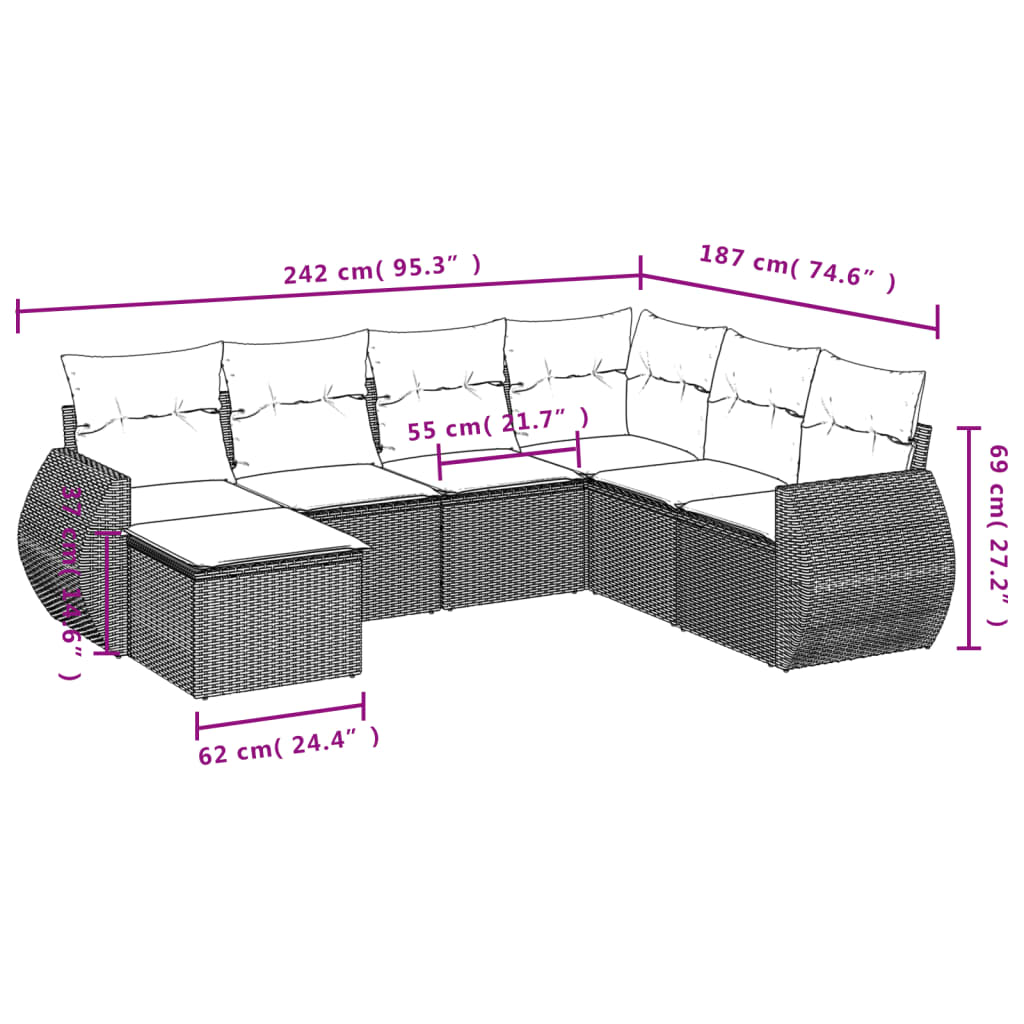 Set Divani da Giardino con Cuscini 7pz Nero Polyrattan