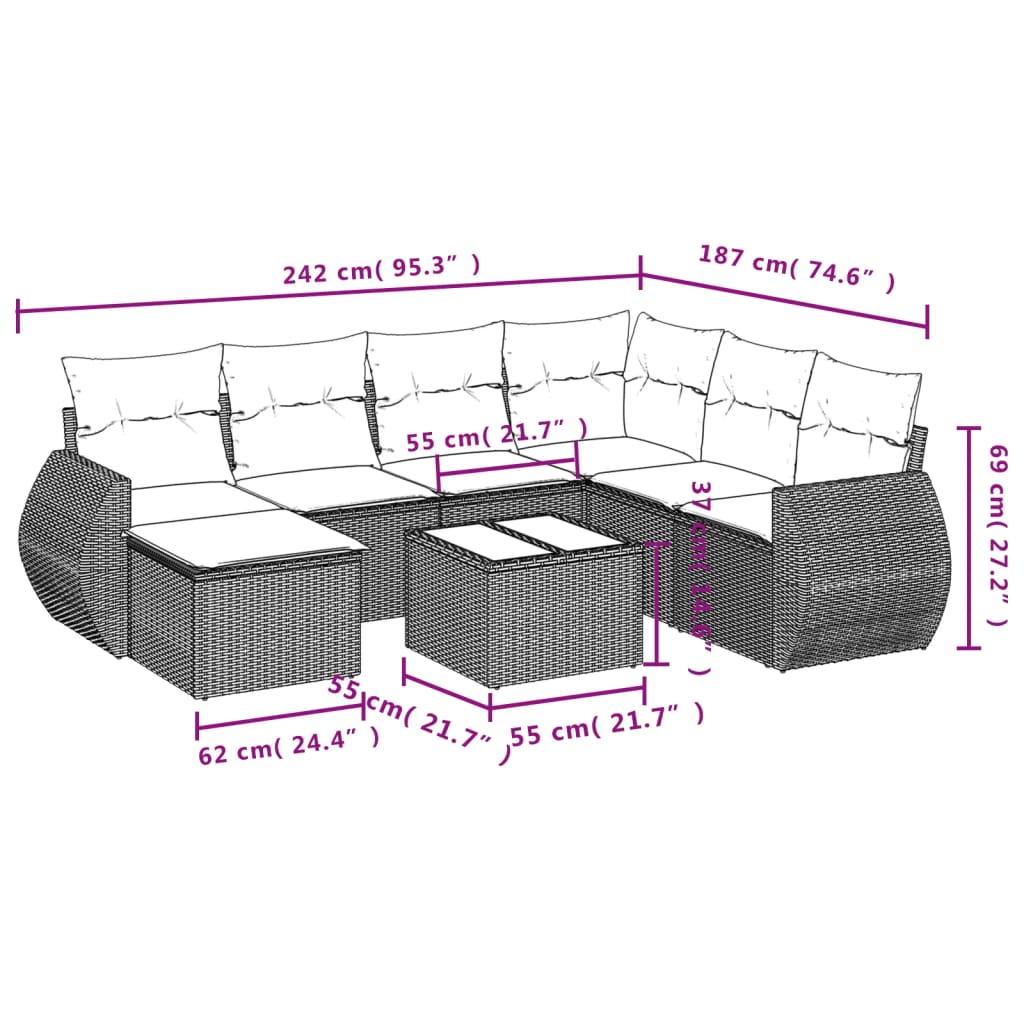 Set Divani da Giardino 8 pz con Cuscini Marrone in Polyrattan - homemem39