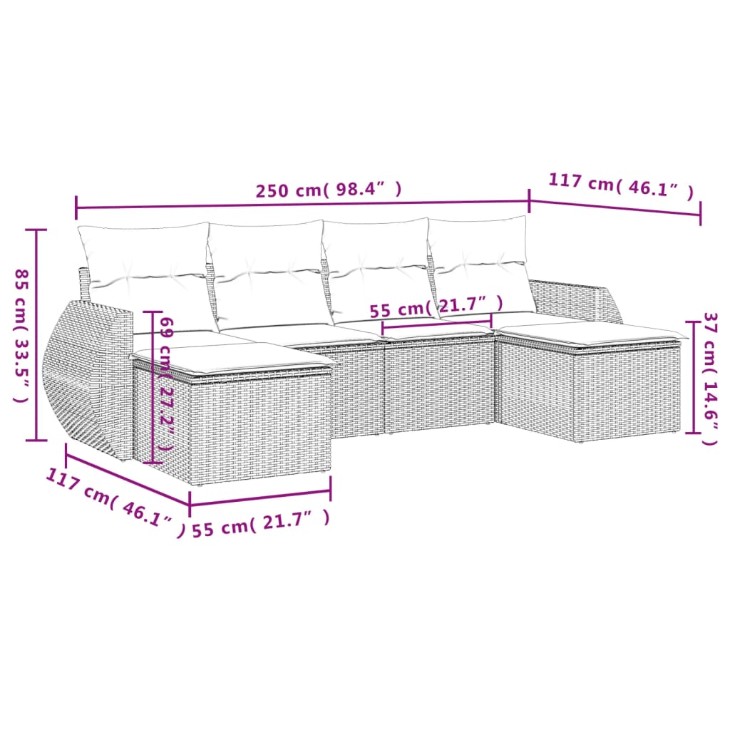 Set Divano da Giardino 6 pz con Cuscini Nero in Polyrattan - homemem39