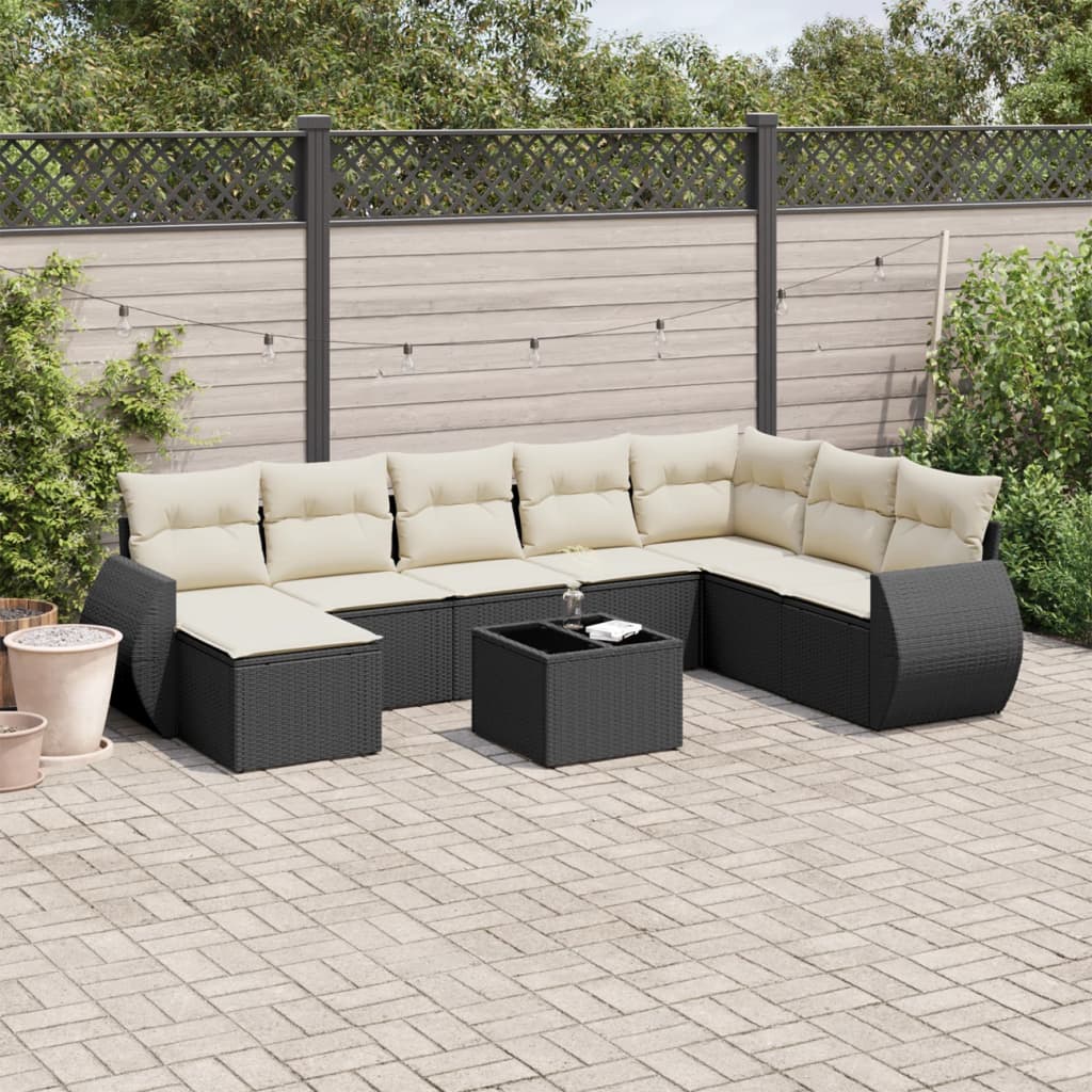 Set Divani da Giardino 9 pz con Cuscini Nero in Polyrattan - homemem39