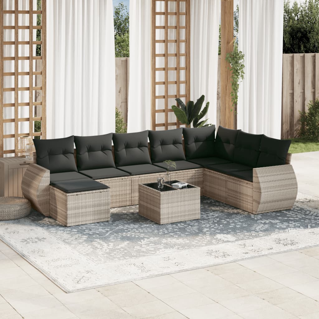 Set Divano da Giardino 9pz con Cuscini Grigio Chiaro Polyrattan - homemem39