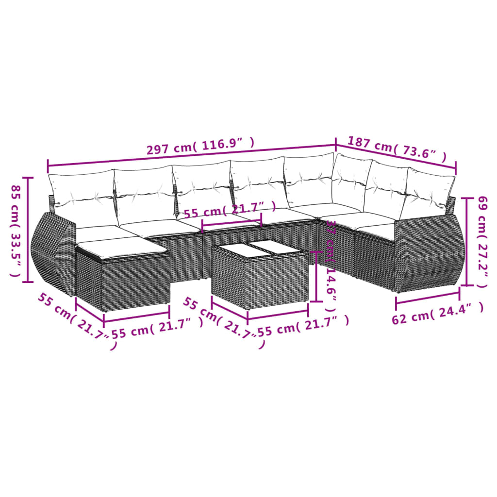 Set Divani da Giardino 9pz con Cuscini Marrone in Polyrattan - homemem39