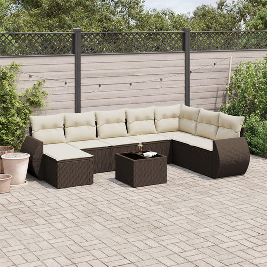 Set Divani da Giardino 9pz con Cuscini Marrone in Polyrattan