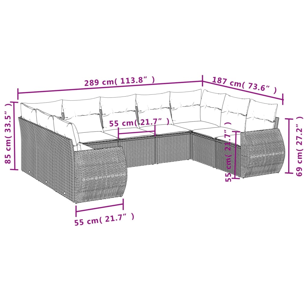 Set Divani da Giardino 9 pz con Cuscini Nero in Polyrattan - homemem39