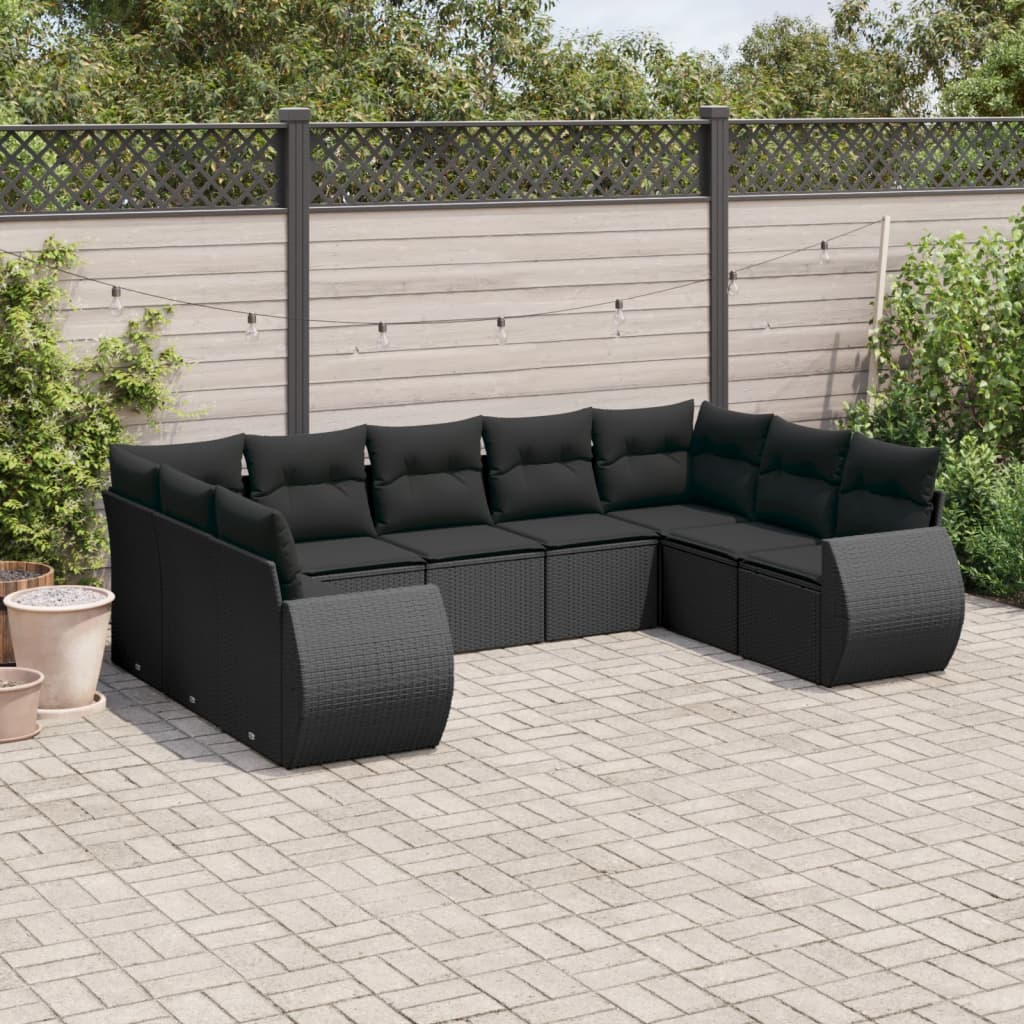 Set Divani da Giardino 9 pz con Cuscini Nero in Polyrattan - homemem39