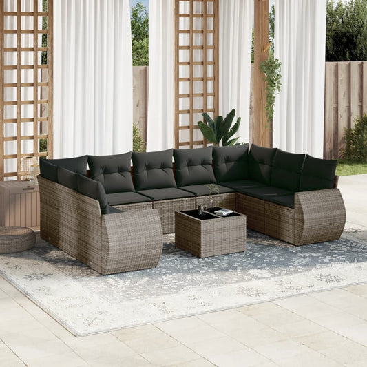 Set Divano da Giardino 10 pz con Cuscini Grigio in Polyrattan - homemem39