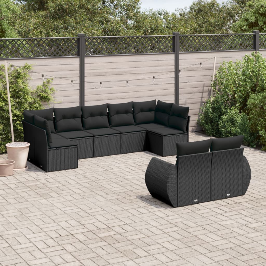 Set Divani da Giardino 9 pz con Cuscini Nero in Polyrattan - homemem39