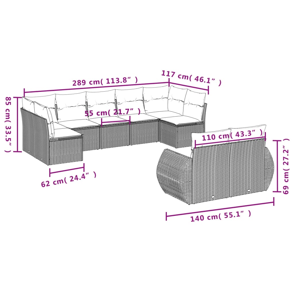 Set Divano da Giardino 9 pz con Cuscini Grigio in Polyrattan - homemem39