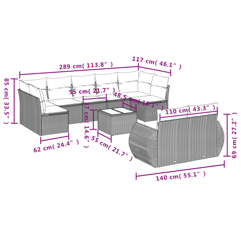 Set Divani da Giardino 10pz con Cuscini in Polyrattan Nero - homemem39