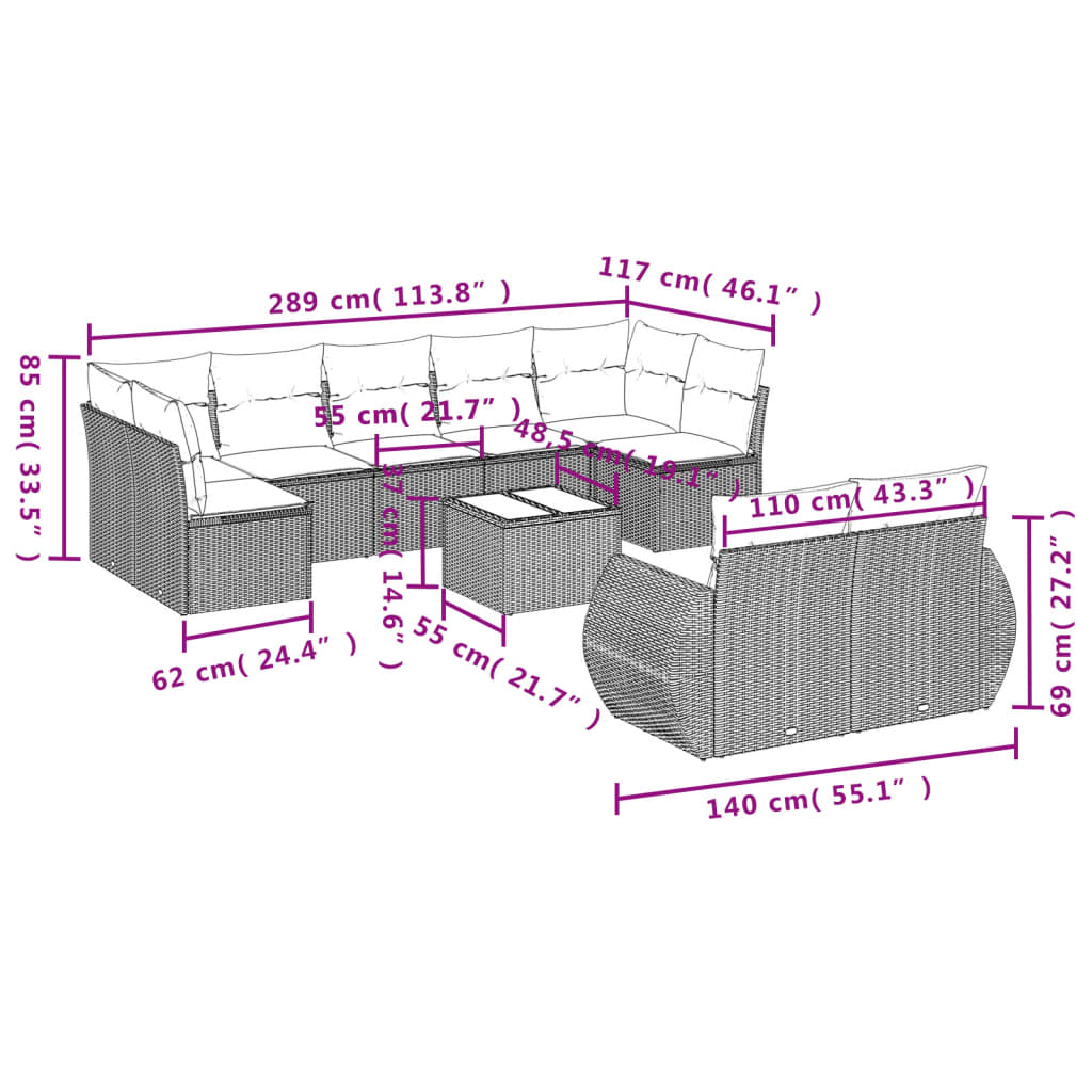 Set Divano da Giardino 10 pz con Cuscini Grigio in Polyrattan - homemem39