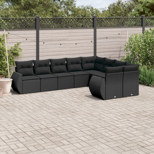 Set Divani da Giardino 9 pz con Cuscini Nero in Polyrattan - homemem39