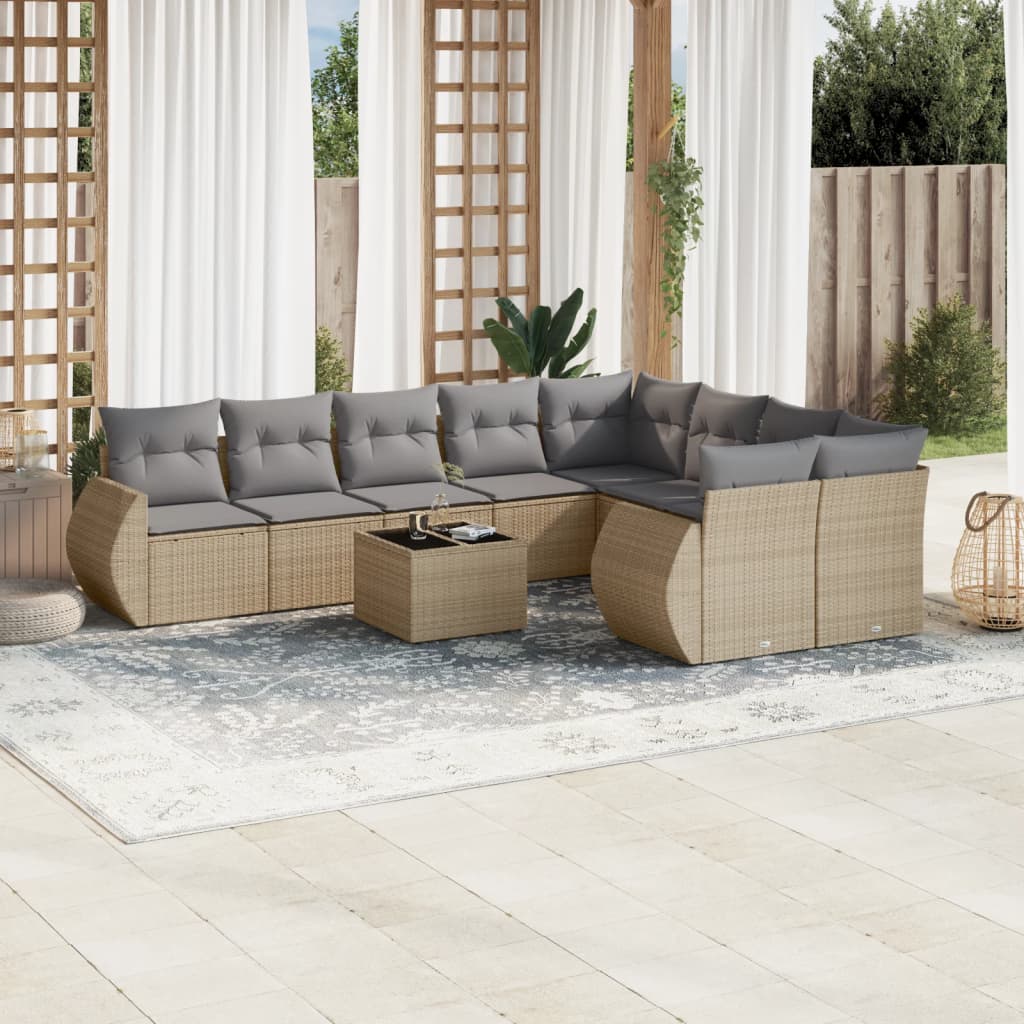 Set Divano da Giardino 10 pz con Cuscini Beige in Polyrattan - homemem39