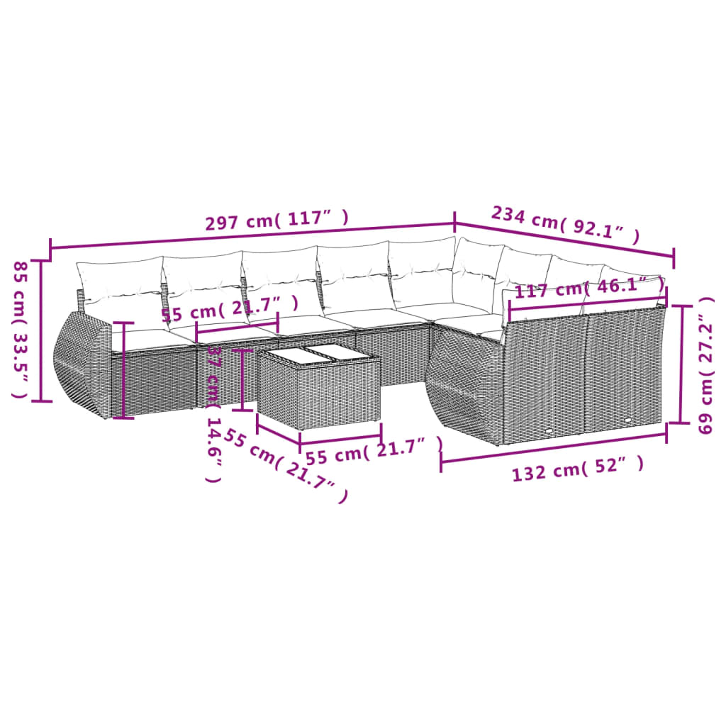 Set Divano da Giardino 10 pz con Cuscini Grigio in Polyrattan - homemem39