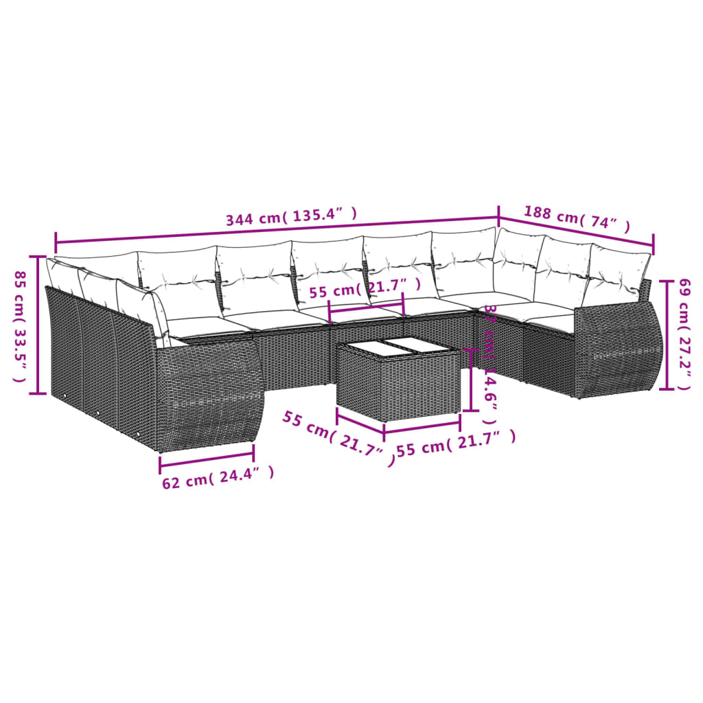 Set Divani da Giardino 10pz con Cuscini in Polyrattan Marrone - homemem39