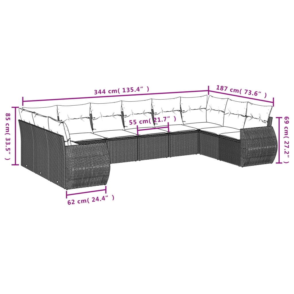 Set Divani da Giardino 11 pz con Cuscini in Polyrattan Grigio - homemem39