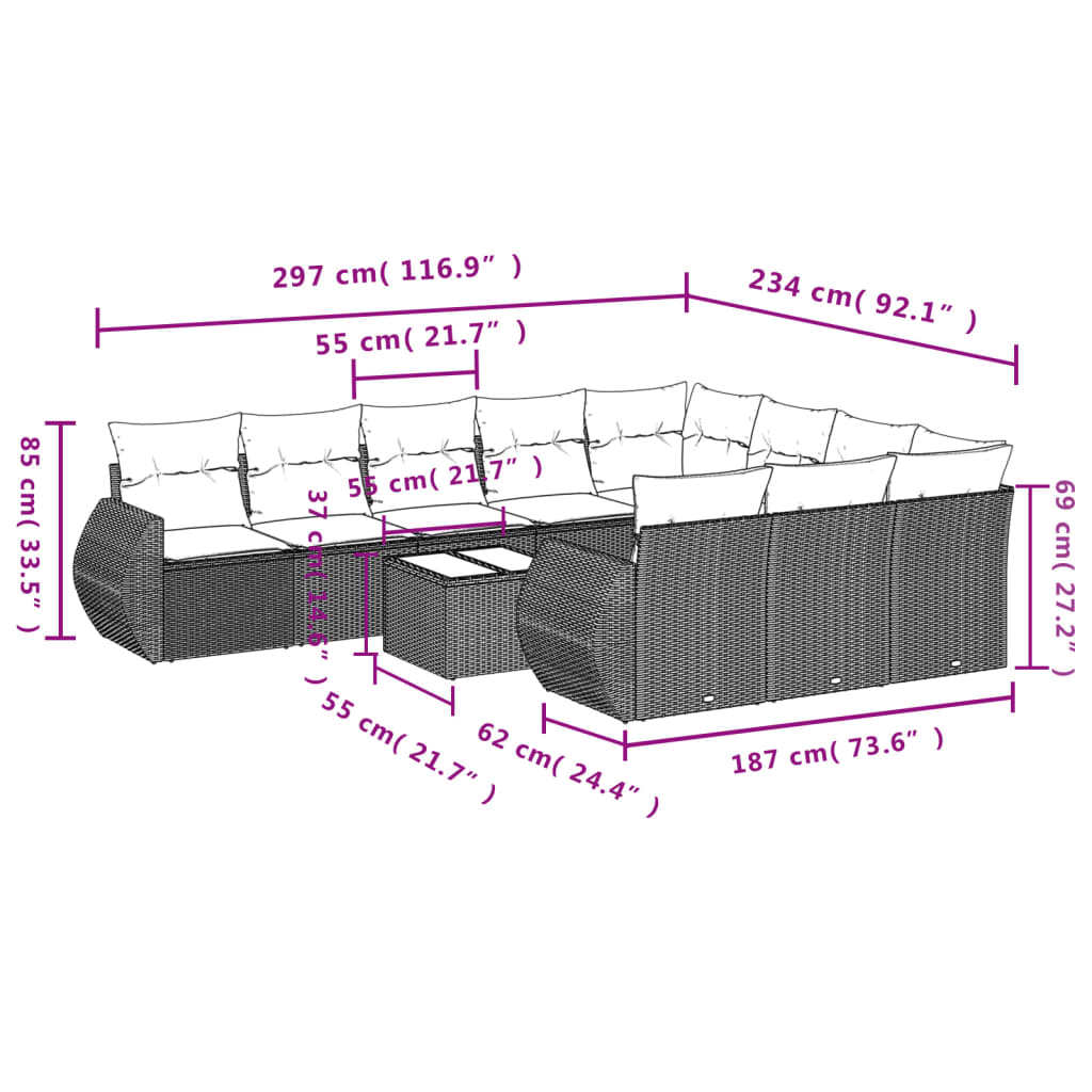 Set Divani da Giardino 11 pz con Cuscini in Polyrattan Nero - homemem39