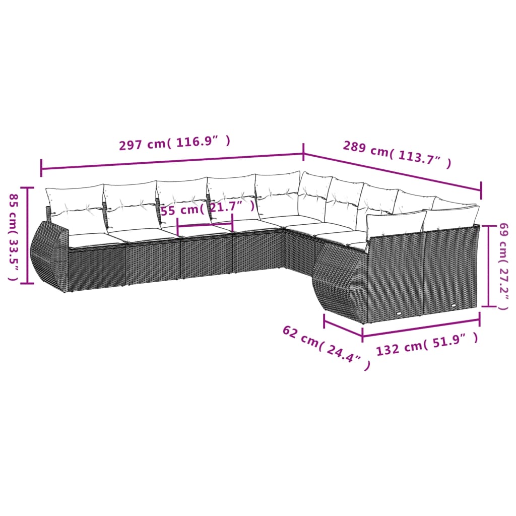 Set Divano Giardino 10 pz con Cuscini Grigio Chiaro Polyrattan - homemem39