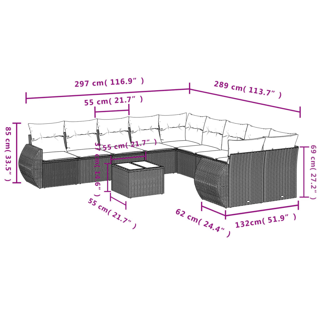 Set Divani da Giardino 11 pz con Cuscini in Polyrattan Nero - homemem39