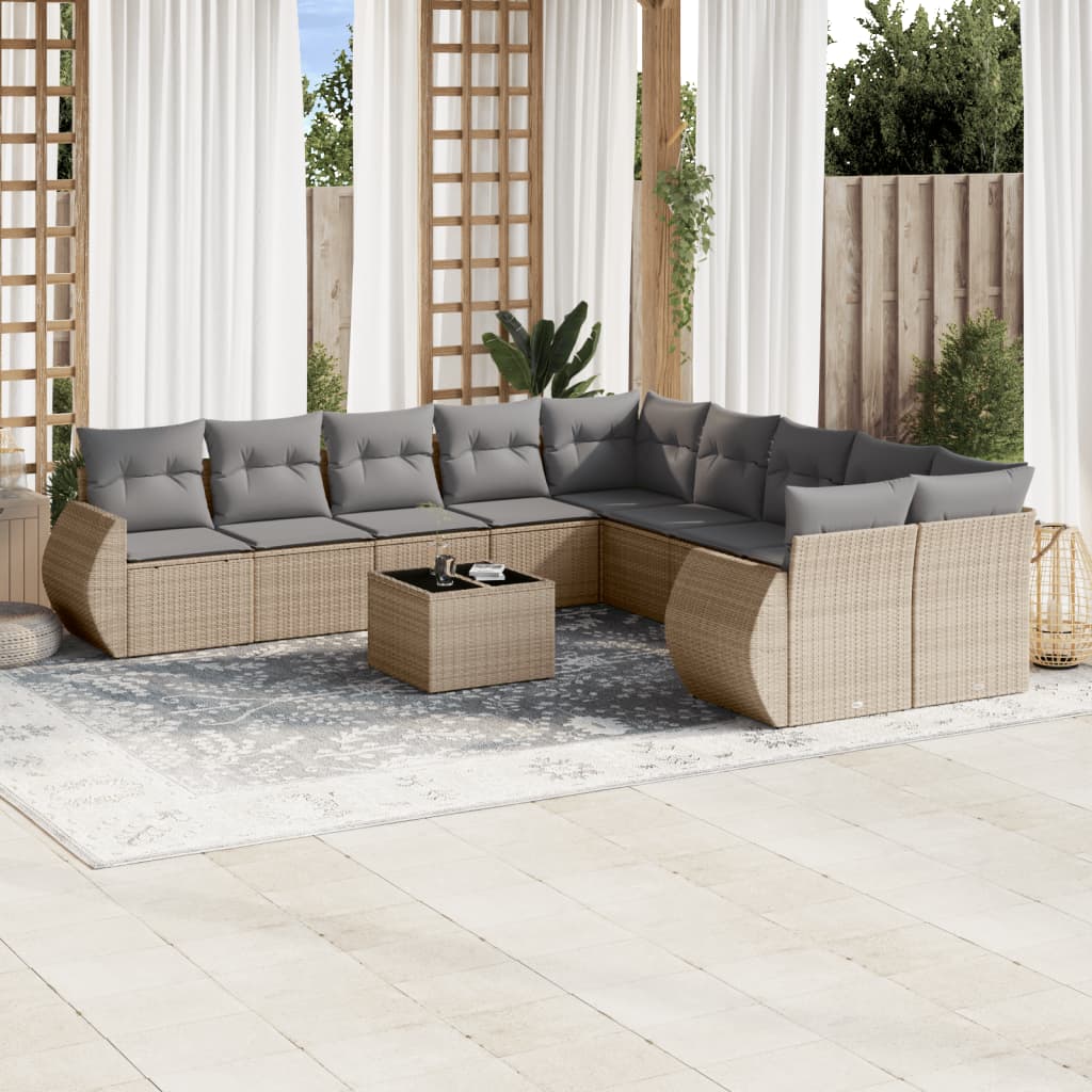 Set Divani da Giardino 11 pz con Cuscini Beige in Polyrattan - homemem39