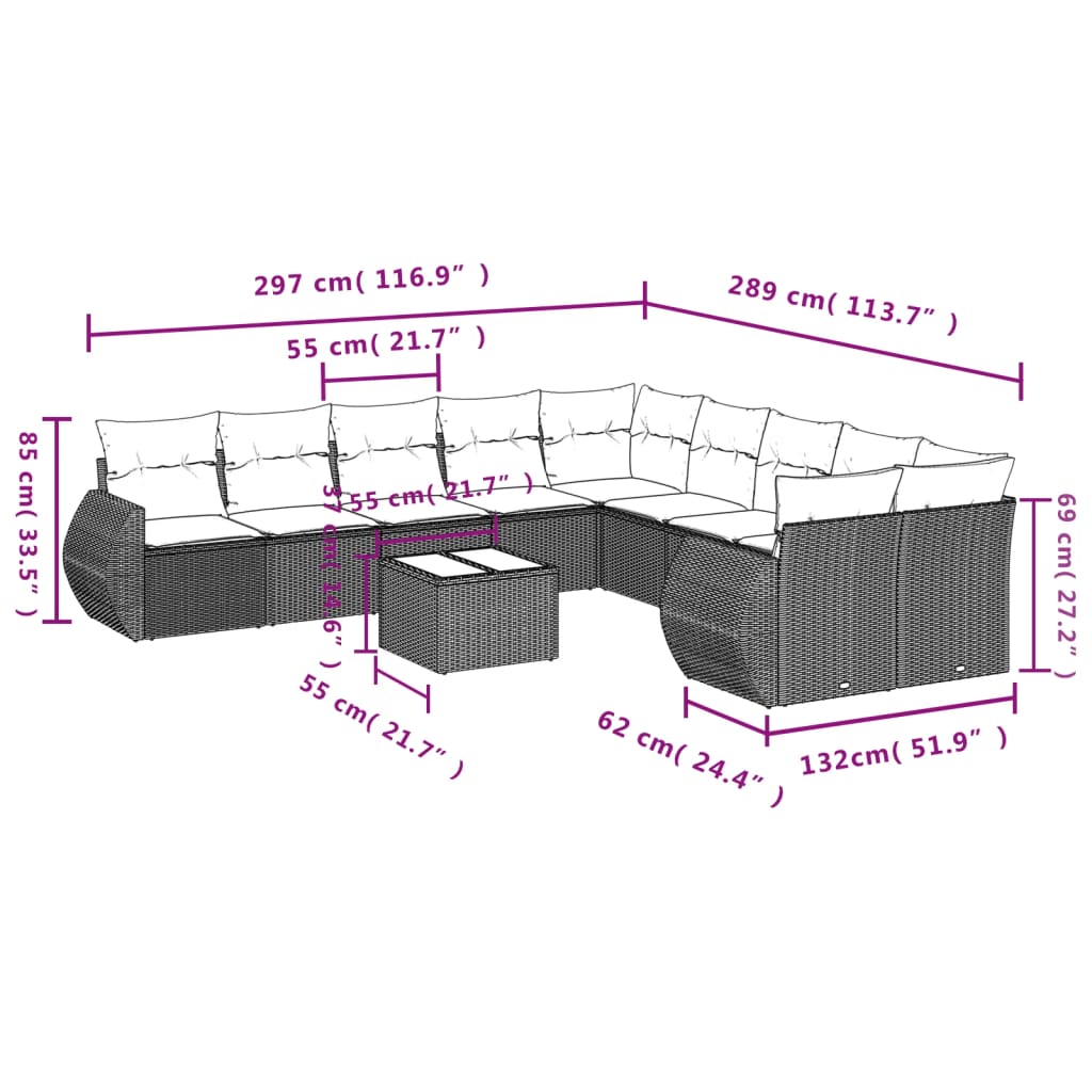 Set Divani da Giardino 11 pz con Cuscini Polyrattan Marrone - homemem39