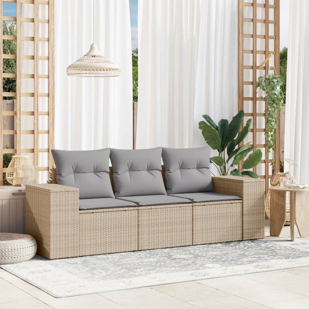 Set Divano da Giardino 3 pz con Cuscini Beige in Polyrattan - homemem39