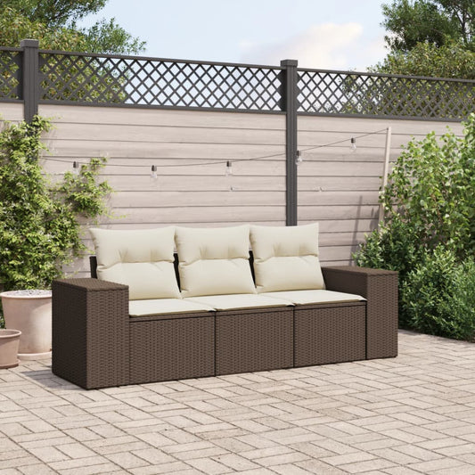 Set Divano da Giardino 3 pz con Cuscini Marrone in Polyrattan