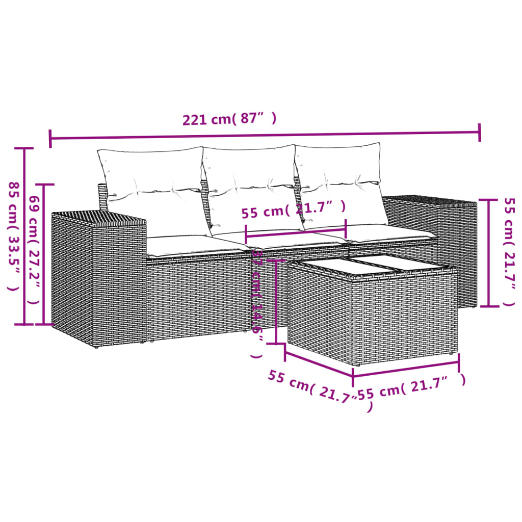 Set Divani da Giardino 4 pz con Cuscini Nero in Polyrattan - homemem39