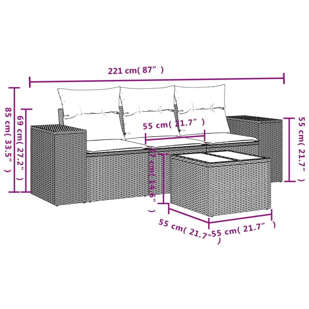 Set Divano da Giardino 4pz con Cuscini Grigio Chiaro Polyrattan - homemem39