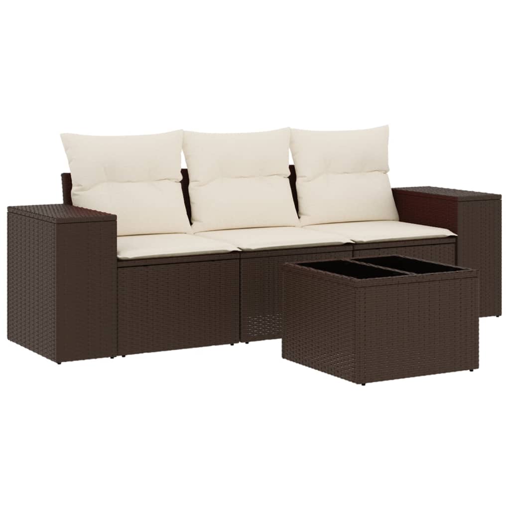 Set Divano da Giardino 4 pz con Cuscini Marrone in Polyrattan