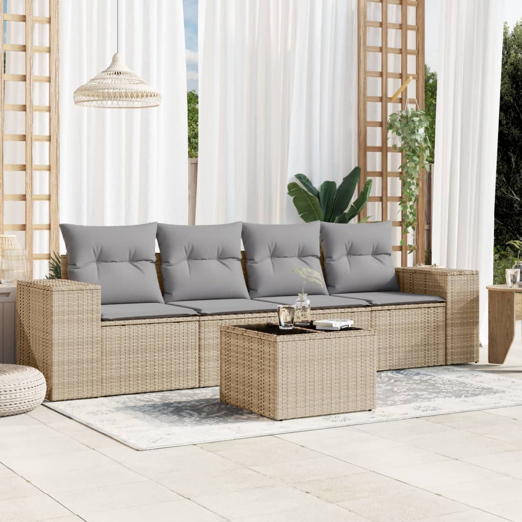 Set Divano da Giardino 5 pz con Cuscini Beige in Polyrattan - homemem39