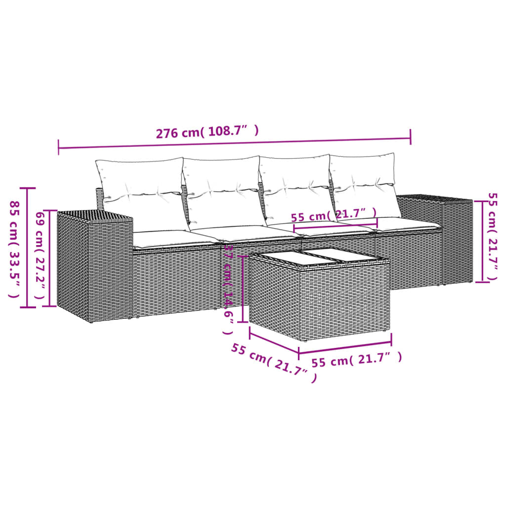 Set Divano da Giardino 5 pz con Cuscini Grigio in Polyrattan - homemem39