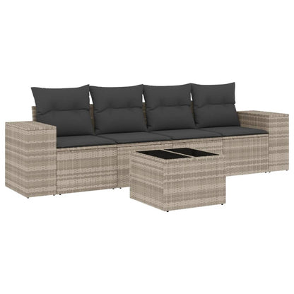 5-teiliges Gartensofa-Set mit hellgrauen Polyrattan-Kissen