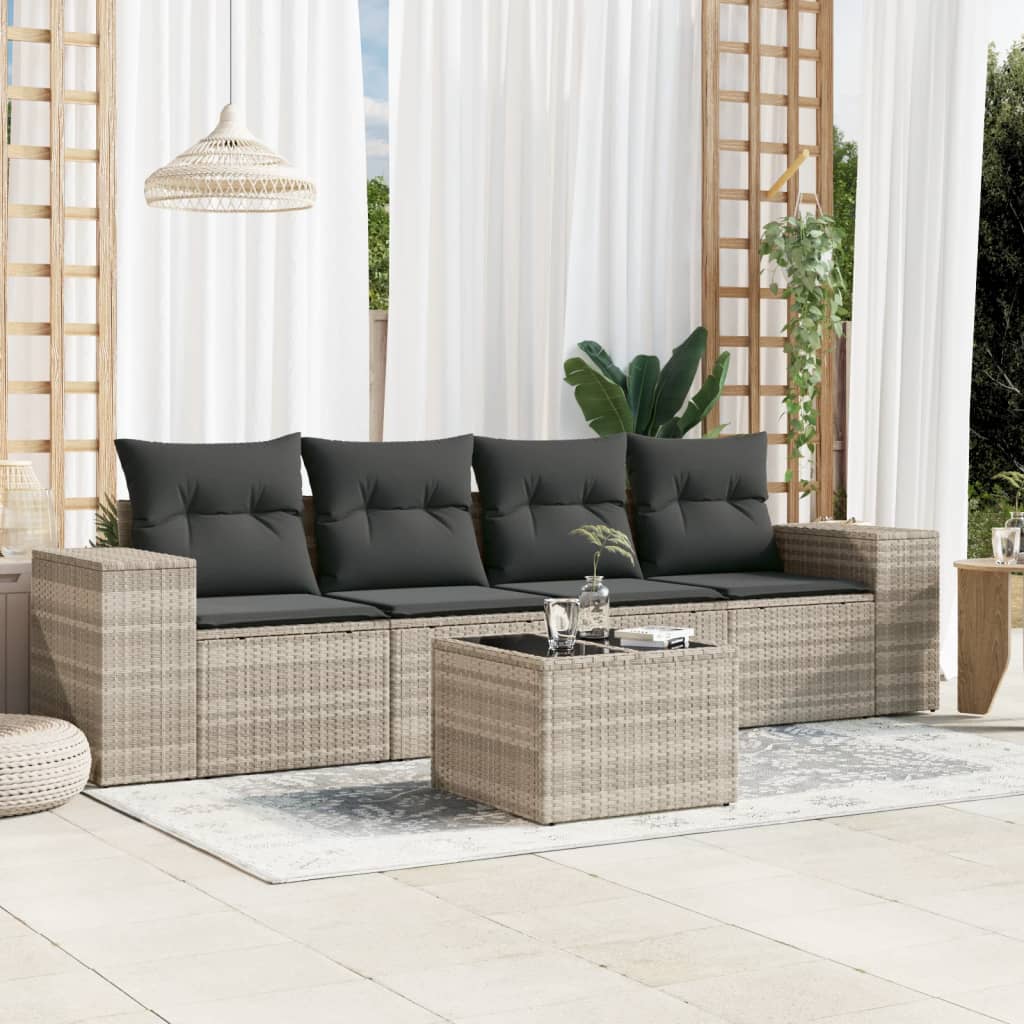 5-teiliges Gartensofa-Set mit hellgrauen Polyrattan-Kissen