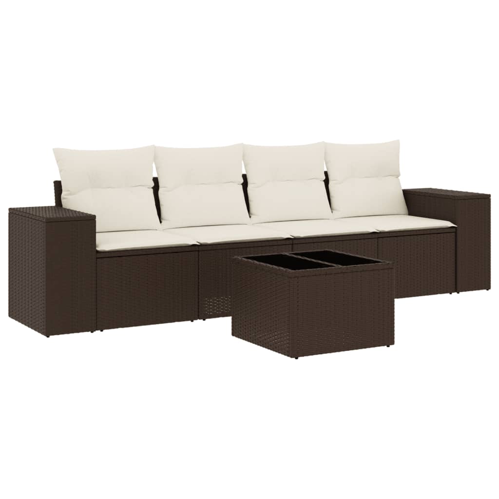 Set Divano da Giardino 5 pz con Cuscini Marrone in Polyrattan - homemem39