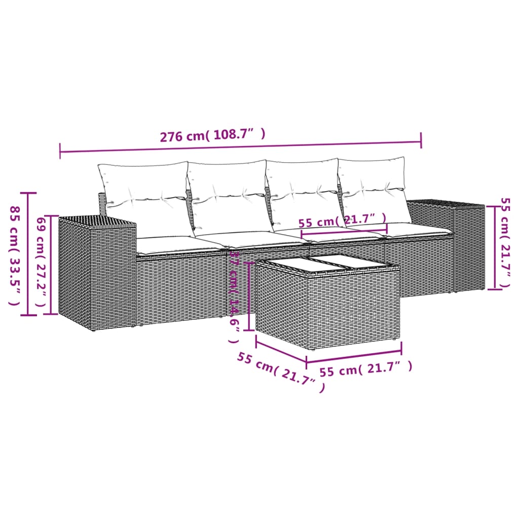 Set Divano da Giardino 5 pz con Cuscini Marrone in Polyrattan - homemem39